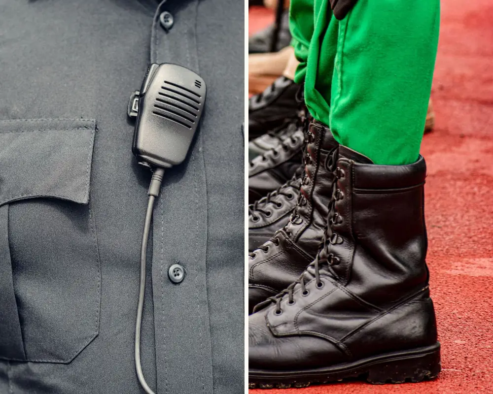 Camisa de uniforme policial con radio y botas militares en formación