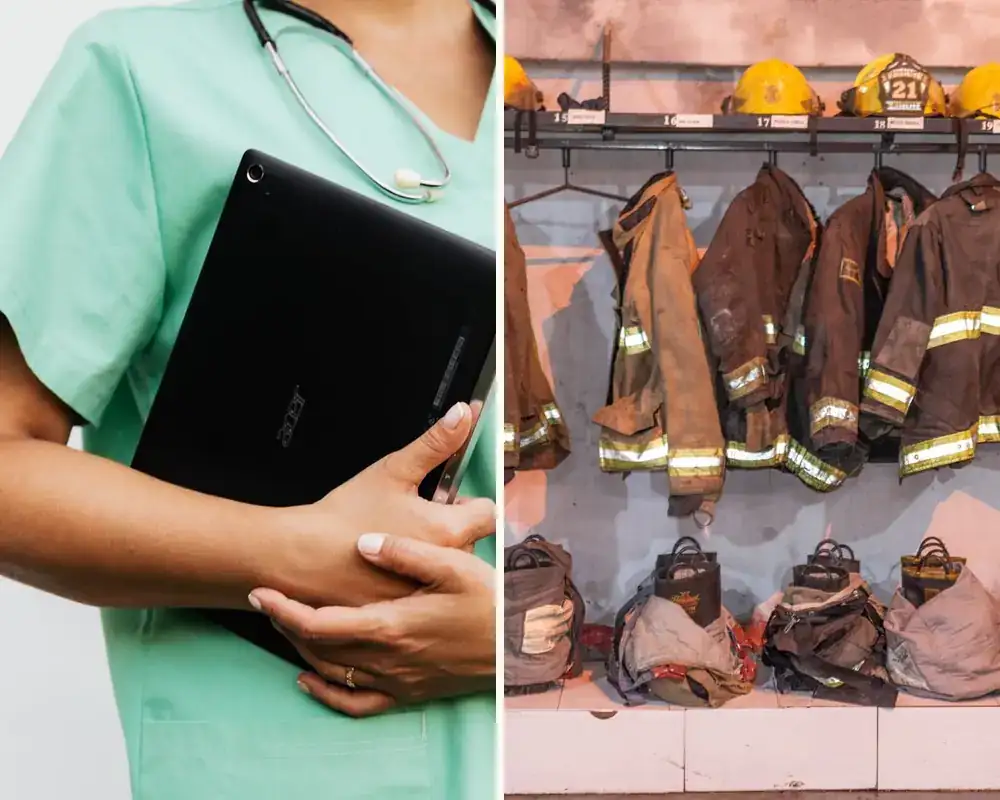 Ambo verde de enfermería y equipos de bomberos colgados en el cuartel