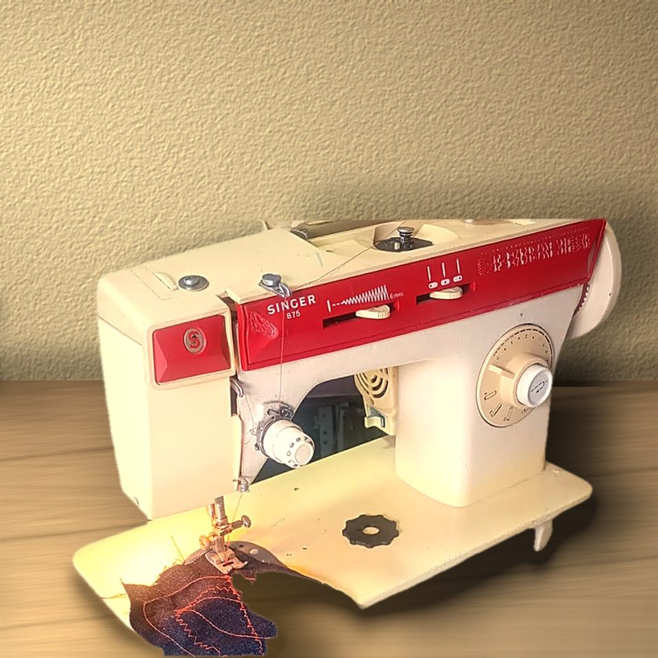 Máquina de coser Singer 875 crema y roja, cosiendo una tela